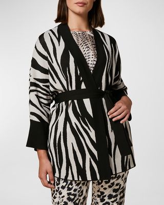 Plus Size Moda Belted Zebra Intarsia Cardigan