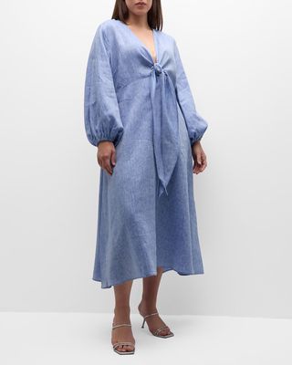 Plus Size Novella V-Neck Knot Balloon-Sleeve Midi Dress