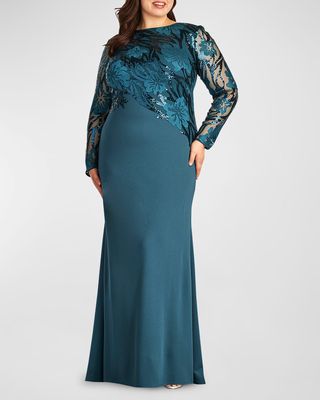 Plus Size Sequin Embroidered Crepe Column Gown