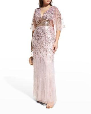 Plus Size Sequin V-Neck Wing-Sleeve Gown