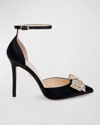 Plush Crystal Bow Ankle-Strap Pumps