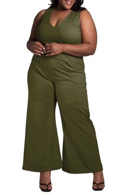 Poetic Justice Sleeveless Cotton Blend French Terry Wide Leg Jumpsuit in Olive