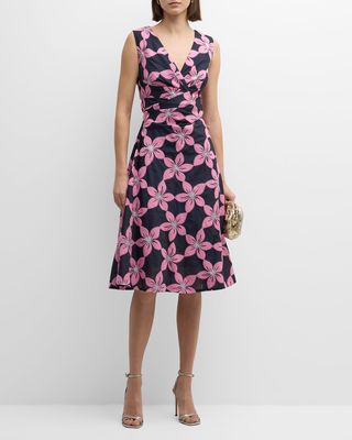 Poinsettia Cotton Jacquard Draped Sleeveless Dress