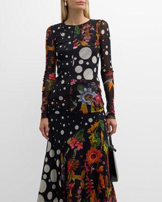 Polka-Dot & Floral-Print Tulle Midi Dress