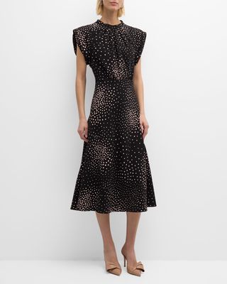 Polka-Dot Cap-Sleeve Crepe Midi Dress