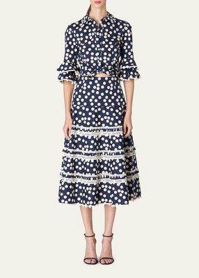 Polka Dot Tiered Midi Skirt with Embroidered Details