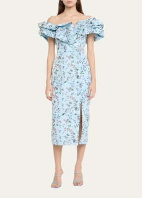 Polly Floral Ikat Off-Shoulder Ruffle Midi Dress