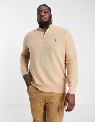 Polo Ralph Lauren Big & Tall icon logo heavyweight cotton knit half zip sweater in camel heather-Neutral