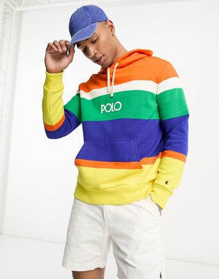 Polo Ralph Lauren central logo multi stripe hoodie in orange