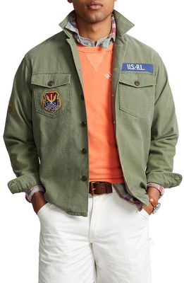 Polo Ralph Lauren Classic Fit Peace Love Patch Embroidered Cotton Twill Jacket in 6090 Olive