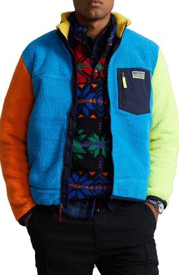 Polo Ralph Lauren Colorblock High Pile Fleece Zip Jacket in Blaze Ocean Multi