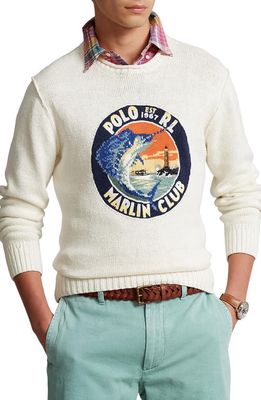 Polo Ralph Lauren Cotton & Linen Graphic Crewneck Sweater in Cream Multi