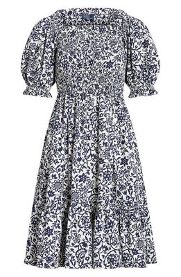 Polo Ralph Lauren Elery Floral Off the Shoulder Smock Bodice Cotton Dress in Ink Floral Print