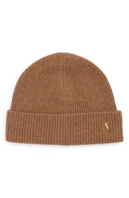 Polo Ralph Lauren Embroidered Signature Logo Beanie in Honey Brown Heather