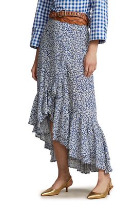 Polo Ralph Lauren Floral Asymmetric Ruffle Hem Crepe Skirt in Blue Ditsy Floral