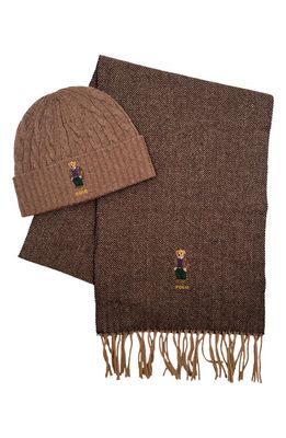 Polo Ralph Lauren Gents Bear Scarf & Beanie Boxed Gift Set in Camel/Brow