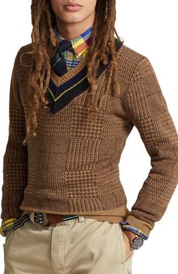 Polo Ralph Lauren Glen Plaid V-Neck Wool Sweater in Camel Combo