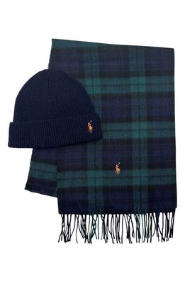 Polo Ralph Lauren Holiday Tartan Scarf & Beanie Boxed Gift Set in Navy Multi