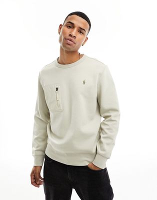 Polo Ralph Lauren icon logo front zip pocket double knit sweatshirt in stone-Neutral