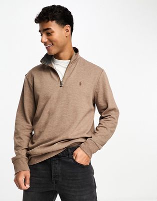 Polo Ralph Lauren icon logo half zip double knit sweatshirt in brown heather