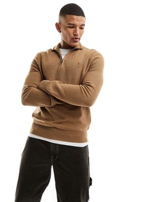 Polo Ralph Lauren icon logo half zip heavyweight cotton knit sweater in tan heather-Brown