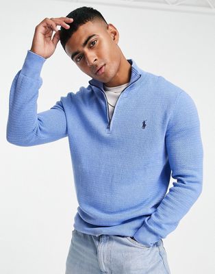Polo Ralph Lauren icon logo heavyweight cotton knit half zip sweater in light blue heather