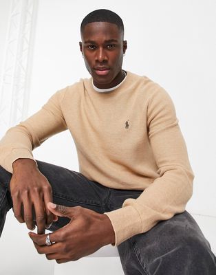 Polo Ralph Lauren icon logo heavyweight cotton knit sweater in camel heather-Neutral
