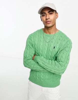 Polo Ralph Lauren icon logo roving cotton cable knit sweater in light green heather