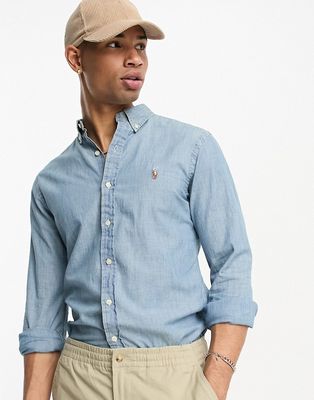Polo Ralph Lauren icon logo slim fit chambray denim shirt in light wash-Blue