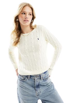 Polo Ralph Lauren knit cable crew neck sweater with logo in cream-Neutral