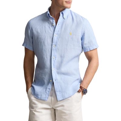 Polo Ralph Lauren Linen Short Sleeve Button-Down Shirt in Blue Hyacinth