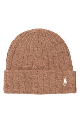 Polo Ralph Lauren Logo Embroidered Wool & Cashmere Cable Beanie in Camel