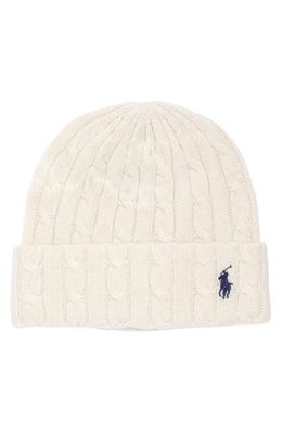 Polo Ralph Lauren Logo Embroidered Wool & Cashmere Cable Beanie in Cream
