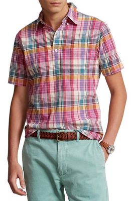 Polo Ralph Lauren Madras Plaid Half Placket Short Sleeve Cotton Button-Up Shirt in Pink/Cream Multi