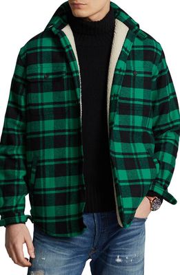 Polo Ralph Lauren Plaid Fleece Lined Wool Blend Flannel Button-Up Shirt Jacket in Billiard/Polo Black