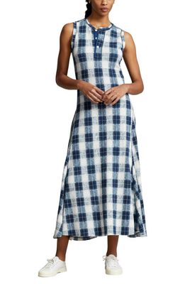 Polo Ralph Lauren Plaid Sleeveless Pleated Cotton Knit Dress in Navy Plaid