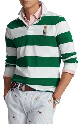 Polo Ralph Lauren Polo Bear Stripe Cotton Jersey Rugby Shirt in Green/White Bear