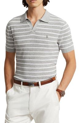 Polo Ralph Lauren Stripe Johnny Collar Cotton & Linen Polo Sweater in Andover Heather Combo