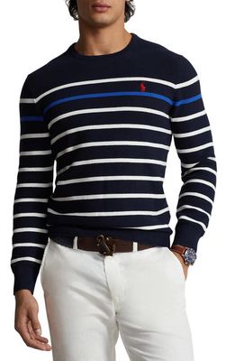Polo Ralph Lauren Stripe Piqué Crewneck Sweatshirt in Hunter Navy Combo