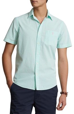 Polo Ralph Lauren Stripe Seersucker Short Sleeve Button-Down Shirt in Key West Green/White