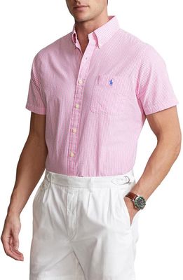 Polo Ralph Lauren Stripe Seersucker Short Sleeve Button-Down Shirt in Rose/White