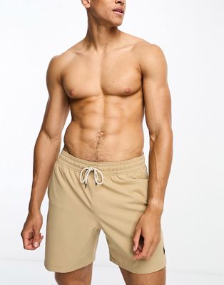 Polo Ralph Lauren Traveler mid swim shorts classic oversized fit in khaki tan-Brown
