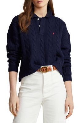 Polo Ralph Lauren Wool & Cashmere Crop Cable Polo Sweater in Navy