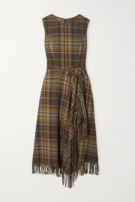 Polo Ralph Lauren - Wrap-effect Fringed Checked Wool-blend Midi Dress - Brown