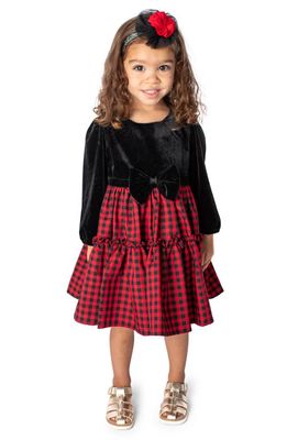 Popatu Check Long Sleeve Velvet Tiered Dress in Black/Red