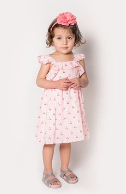 Popatu Cherry Print Cotton Ruffle Shoulder Dress in Pink