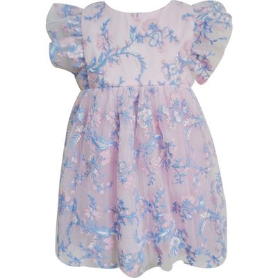 Popatu Floral Embroidered Flutter Sleeve Tulle Dress in Blue/Pink 