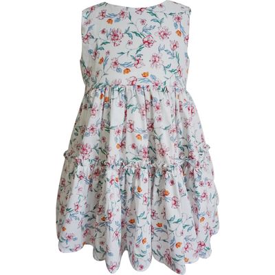 Popatu Kids' Floral Tiered Cotton Dress in White Multi 