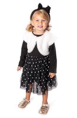 Popatu Knit & Polka Dot Tulle Dress with Faux Fur Shrug in Black