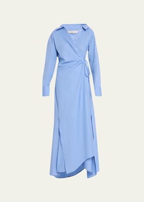 Poplin Long-Sleeve Maxi Wrap Dress